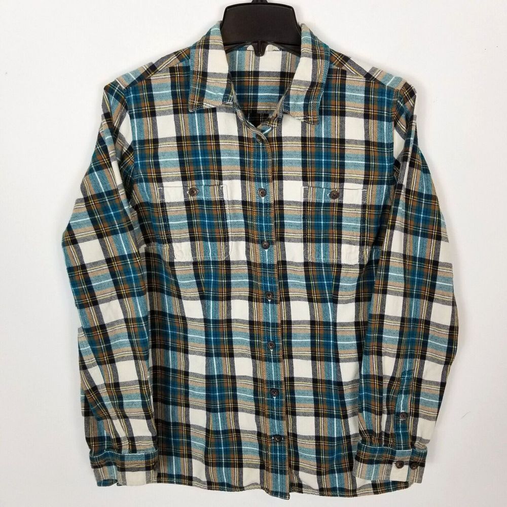 Duluth Trading Women Plaid Button Down Shirt Size M Cottom Gray Blue Long Sleeve